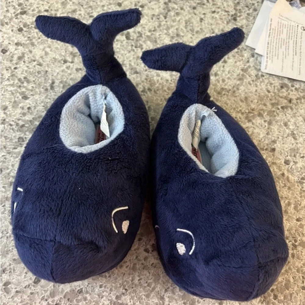 Vineyard Vines Navy Whale Plush Slippers for Kids